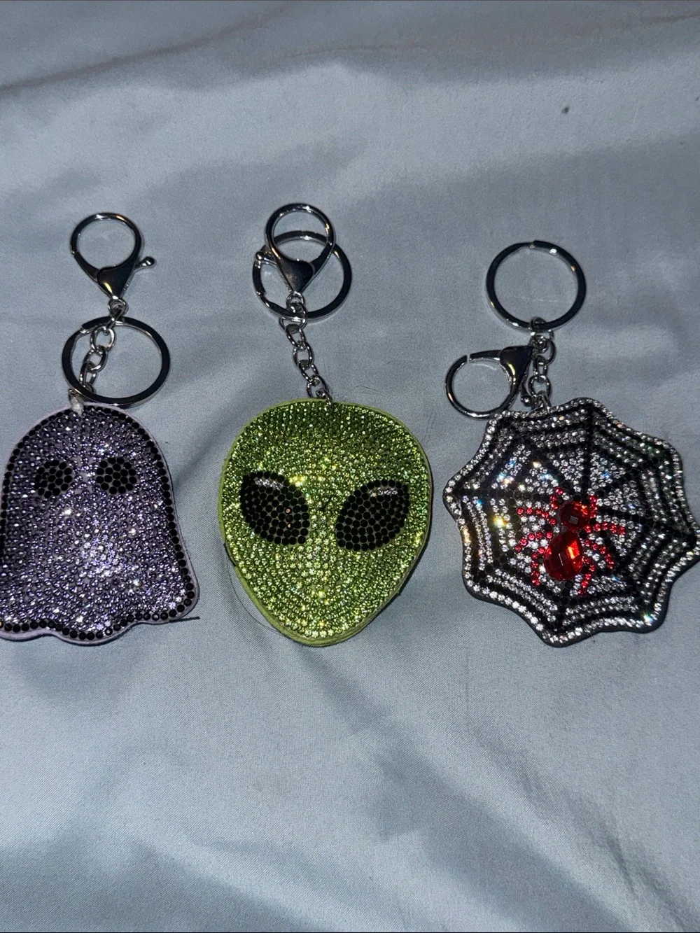 Rhinestone Alien, Ghost & Spider Web Keychain Trio